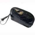 Tragbare schwarze kosmetiktasche aus PU leder mit geometrischem muster und handschlaufe. - Schwarz