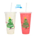 24oz plastic cold color changing cup with straw and christmas tree design for drinks - 701-800ml / Red with Transparent Lid