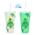 Christmas color changing plastic tumbler 24oz reusable cold cup with straw and lid design. - 701-800ml / Green with Transparent Lid