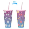 Bicchiere di plastica con cannuccia che cambia colore, motivo a frutta sensibile al freddo. - Bicchiere cambiacolore con frutta (Rosa)