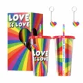 lot de 2 tasses à eau en plastique laser arc-en-ciel 24oz avec paille porte-clés - Ensemble de 2 pièces en boîte couleur / Arc-en-ciel