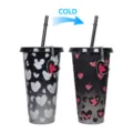 Gobelet en plastique à changement de couleur à froid 24oz avec paille motif cœur tasse - Tasse Seule avec Porte-clés / Noir