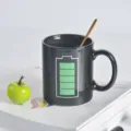 Black ceramic color changing mug with battery charging design, coffee cup with gold spoon - 301-400ml / Black
