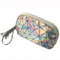 Holografische geometrische Kosmetiktasche, PU-Leder Make-up-Etui mit Reißverschluss und Schlaufe. - Silber