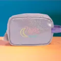 Pochette cosmetica da viaggio viola glitterata con ricamo di luna, borsa trucco. - Viola