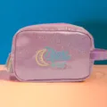 Borsa per trucco rosa glitterata con ricamo di luna, pochette cosmetica portatile da viaggio. - Rosa
