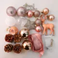 Mini Christmas tree DIY accessory kit in rose gold with baubles, deer, pinecones, and LED lights. - Champagne Gold Deer (45CM)