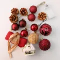 DIY mini Christmas tree decoration accessories set with red baubles, pine cones and warm lights. - Red House 60cm