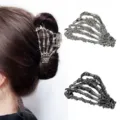 Gotische Skelett Hand Haarklammer Metall Legierung Haargreifer Haarschmuck fuer Damen - Skelettkrallen-Stil Set 2 / 2er-Pack / Vintage Silber/Kanonengrau