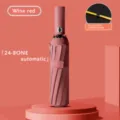 Premium wine red 24-bone automatic folding umbrella with sturdy double-bone stand design. - Wine Red