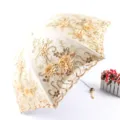Beige floral embroidered lace folding sun umbrella, UV protection compact umbrella. - Apricot Yellow