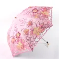 Pink floral embroidered lace folding sun umbrella with UV protection for daily use. - 50cm * 8K Umbrellas / Pink