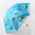 Blue floral embroidered lace folding sun umbrella featuring double layer UV protection. - 50cm * 8K Umbrellas / Blue