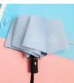 Primo piano di un ombrello solare UV automatico e pieghevole con manico nero e rivestimento. - Colla Nera Automatica UV / Azzurro