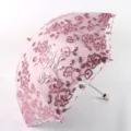 Pink floral embroidered lace folding sun umbrella with double layer UV protection. - Pink