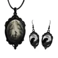 Gotische Krähe Friedhof Glas Cabochon Anhänger Halskette Ohrringe Schmuckset schwarz. - Set 3