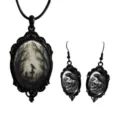 Gotisch schwarz Vintage Krähe Totenkopf Glas Cabochon Halskette Ohrringe Schmuckset. - Set 4