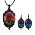 Gothic vintage stained glass red rose necklace earrings jewelry set for women and girls daily - Set 5