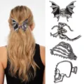 Gothic metal hair claw set featuring bat wings, spider, and skeleton hand designs for women. - Dark Plated Craft