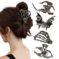 Gothic metal hair claw clips featuring skeleton hands, spiders, and bat wings for women. - Alloy Plated Silver Black