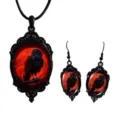 Gothic black raven pendant necklace earrings set with red moon glass cabochon jewelry - Set 7