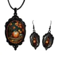Gothic Halloween Pumpkin Necklace Earrings Set Vintage Black Glass Cabochon Jewelry - Set 8
