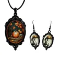 Gothic vintage pumpkin glass pendant necklace and earrings set for Halloween festival jewelry. - Set 9