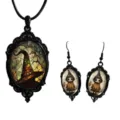 Gothic witch pendant necklace and earrings set with detailed glass cabochon design. - Style 13