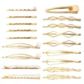 Gold hair clips set featuring geometric shapes and pearl decorations for women and girls. - Set 8 / Set of 18 / Gold