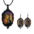 Gothic witch pendant necklace and earrings detail view with black vintage frame and glass. - Style 14