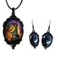 Close-up detail of gothic witch glass cabochon pendant necklace and matching earrings set. - Style 15