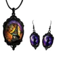 Gothic witch necklace and earrings set featuring dark glass cabochon pendant details. - Set 16