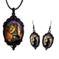 Gothic witch raven pendant necklace and earrings set, vintage black alloy crystal glass jewelry. - Set 17