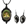 Gothic black vintage tree of life necklace and black cat earrings jewelry set for women. - Set 18