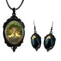 Gothic tree of life necklace and black cat earrings jewelry set for women vintage gothic gifts - Set 19