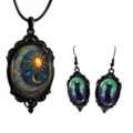 Gothic vintage black celestial sun moon and black cat earrings necklace jewelry set detail. - Set 20