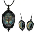 Gothic black vintage jewelry set featuring tree of life pendant and crescent moon cat earrings. - Set 21