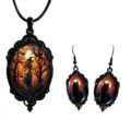 Close-up detail of gothic witch and black cat glass cabochon pendant necklace and earrings set. - Set 22