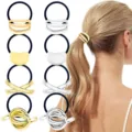 Metal Hair Ties Gold Silver Geometric Ponytail Holder Elastic Hair Bands Rubber Rings - Multi-Geometric Style Combo (Set 11) / Set of 8 / Gold/Silver