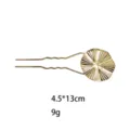 Golden alloy U-shaped hairpin with hammered pleated circular top for elegant buns and updos. - Round Pleated Style (1409-6) / Gold