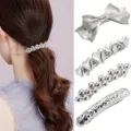 Close-up details of silver metal hair clips featuring bow, heart, and beaded styles. - Heart and Beaded Style (Set 10)