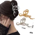 Metal hair claw clip with pearl, stylish liquid bow design for thick hair styling, 11cm. - Artificial Pearl Liquid Bow Style (Set 13) / 2 Pcs/Set