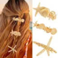 Gold starfish and seashell hair clips set, elegant metal spring barrettes for women hair styling. - Set 9