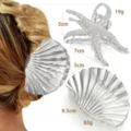 Metal starfish and seashell hair claw clips detail showing dimensions and weight specs. - Metallic Starfish And Shell Set (1102)