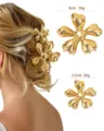 Gold metallic flower hair claw clip set, elegant hair styling accessories for women daily wear. - Glossy Electroplated Flower Shark Clip Set (1102)