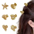 Gold Alloy Hair Claw Clip Set Pearl Starfish Shell Shark Hair Accessories for Women - Creative Artificial Pearl Embellished Mini Claw Set (1102)