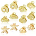 Gold Metal Ocean Theme Hair Claw Clips Set Pearl Shell Starfish Shark Clips For Women - Gold Alloy Artificial Pearl Marine Theme Set (1102)