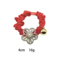 Coletero de pelo rojo con flor de diamantes perla y campana, banda elástica de 4cm para mujer - Estilo de Flor de Strass Completo Fruncido Rojo (1144-1)
