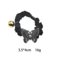 Black hair scrunchie featuring rhinestone butterfly charm and golden ball pendant accessory. - Black Fabric Metal Full Rhinestone Butterfly Style (1144-10)