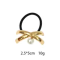 Elegant gold cross metal pearl hair tie black rubber band elastic hair accessories - Gold Pearl Crossed Style (1116-18)